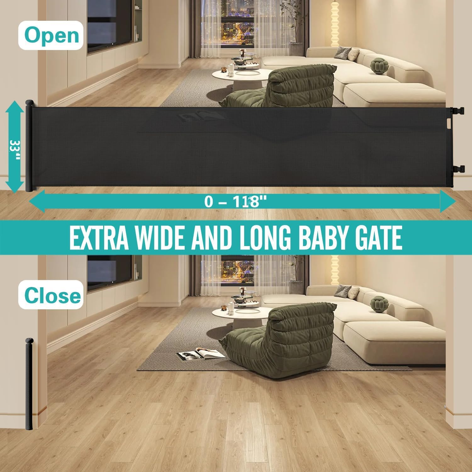 Retractable Baby Gate Retractable Driveway Gate 33" High Extends to 118" Wide Baby Gate Stairs Doorways Indoor Retractables Gates Outdoor Extra Wide for Enhanced Safety Mesh Gates(86Cmx300Cm, Black)