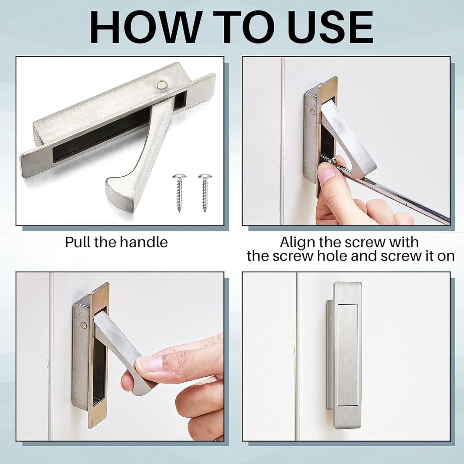 2 Pcs Pocket Door Pull Handle,Flush Mount Door Pull,Hidden Pocket Door Hardware Mount Recessed Drawer Pulls for Sliding Door Closet Cabinet Bathroom,304 Stainless Steel (Silver) - Silver image number 1