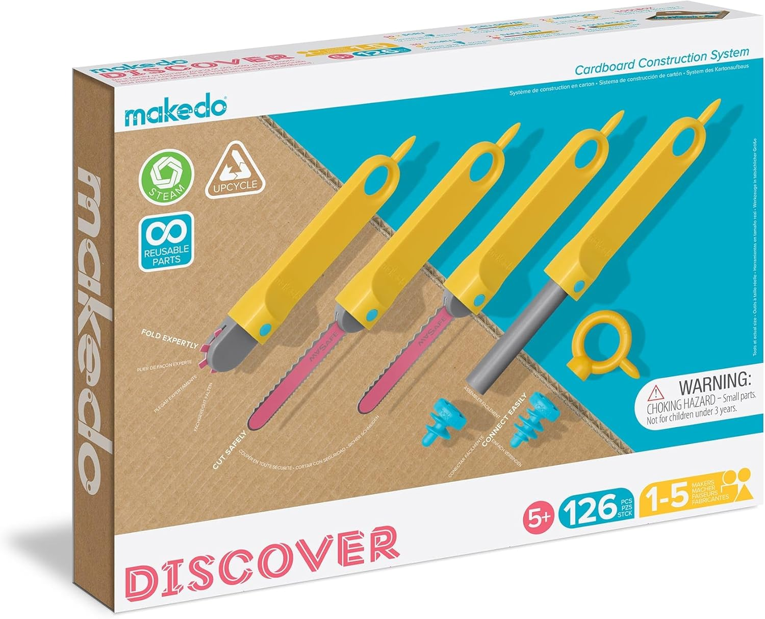 Makedo Discover | 126 Piece Cardboard Construction Toolbox for 1-5 Makers | STEM and STEAM Educational Toys for Kids | at Home Play + Classroom Learning | Reusable Tools for Boys and Girls Age 5+ image number 3