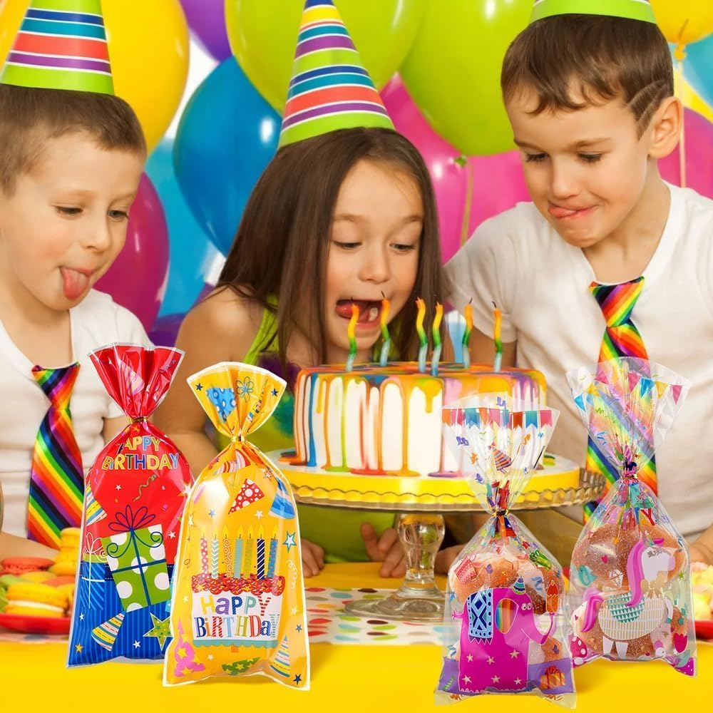 100 Pcs Birthday Treat Bags,4 Cartoon Designs Happy Birthday Cellophane Bags Candy Goodies Snacks Cookies Bags with Twist Ties for Birth Day, Baby Showers, Holiday Party Favor Gift Decor (Colorful) - Colorful image number 6
