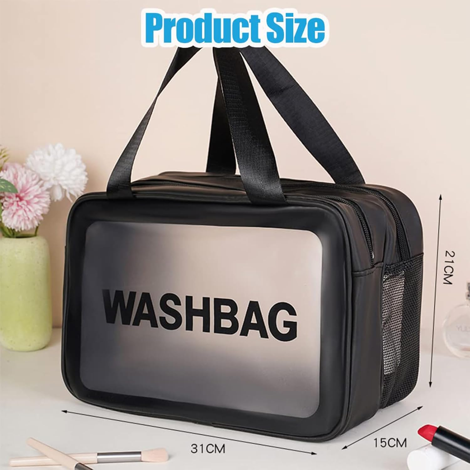 QAUARUMSUN Travel Toiletry Bag, Large Clear Makeup Bags, 2 in 1 Cosmetics Bag, Transparent Skin Care Bag for Toiletries,Waterproof PVC Thickened Wash Bag for Women Men(Black) image number 4