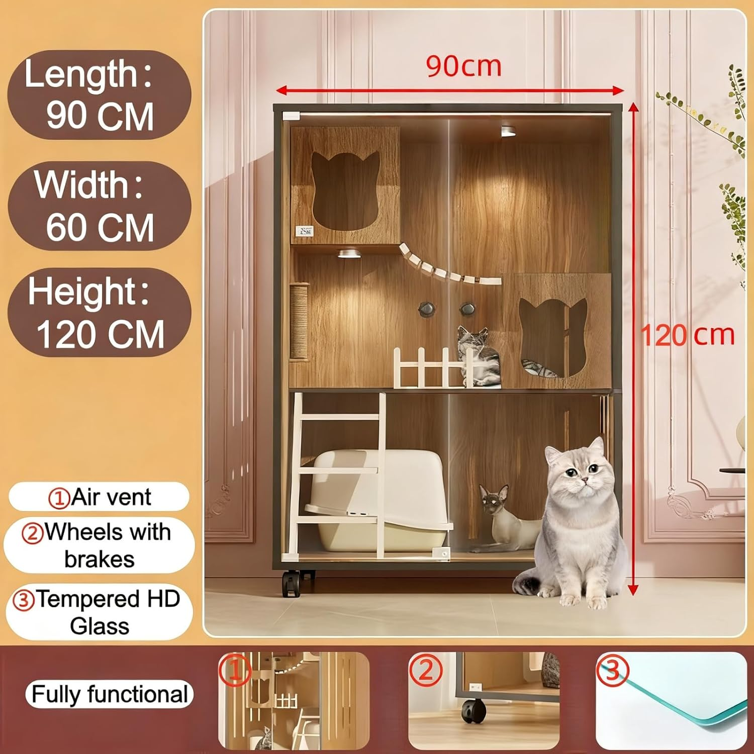 XXYSPT Wooden Cat Cage Indoor Cat House &ndash; 3-Level Condo for 1&ndash;3 Pets with Guardrail, Clear Door, Scratching Post & Ladder &ndash; Walnut Finish (90X60X120Cm) image number 4
