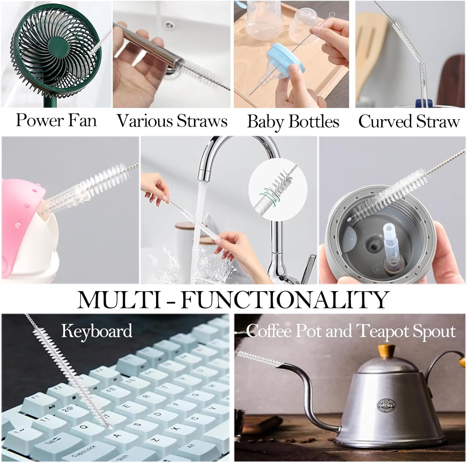 Straw Cleaner Brush Long 8 Inch,Straws Brush Bristles Diameter Have 2 Size(8+10Mm), Straw Cleaning Brush with Stainless Steel Nylon Bristles for Cleaning Straw,Baby Bottle, Sippy Cup, Stanley (10 PCS)