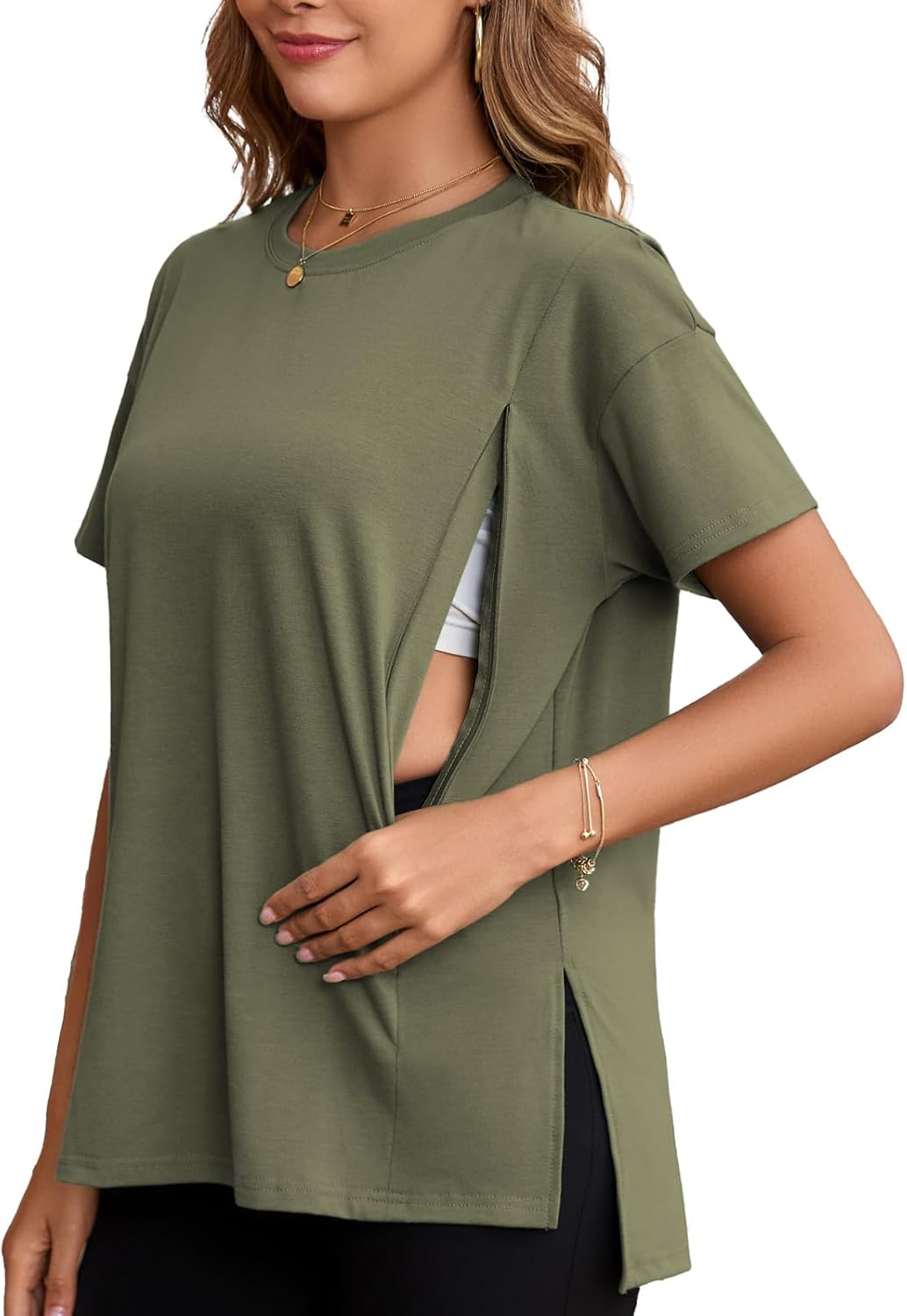 Ecavus Women'S Oversized Nursing Shirts for Breastfeeding with Hidden Zipper Short Sleeves Side Splits Maternity Tops