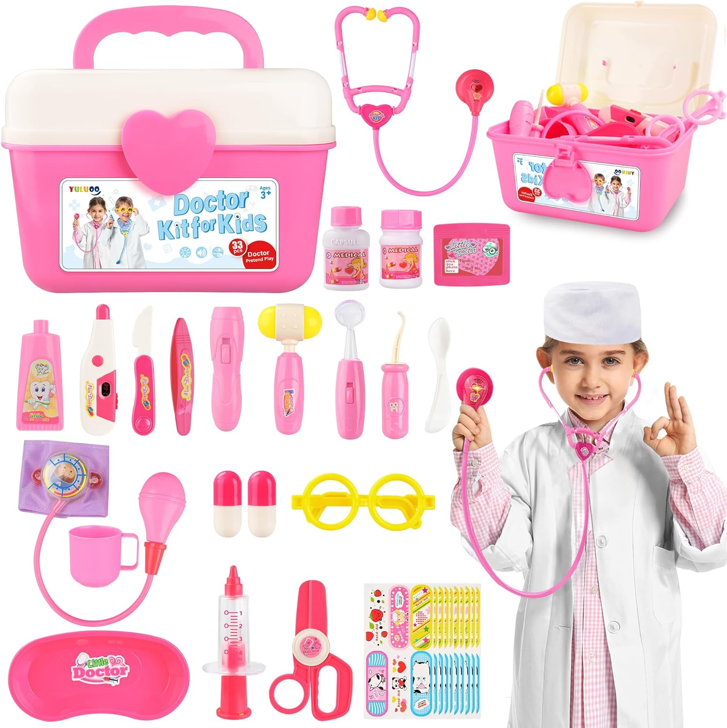 Doctor Kit for Kids, 33 PCS Durable Doctor Toy Dentist Medical Kit with Stethoscope and Doctor Costume, Pretend Play Doctor Playset for Toddler Boys Girls 3 4 5 6 Years Old (Pink Doctor Kit) image number 6