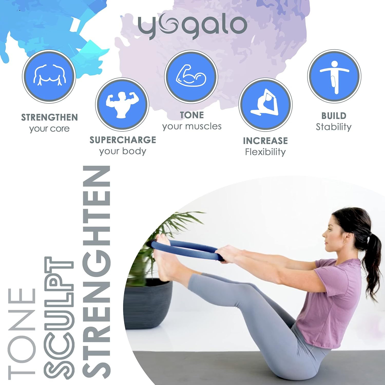 Yogalo Pilates Series Pilates Ring - Toning, Sculpting, Strength Flexibility, Power Resistance Exercise Circle, Thigh Toner, Fitness Magic Circle, 14 Inch Dual Grip Ring - Blue image number 3