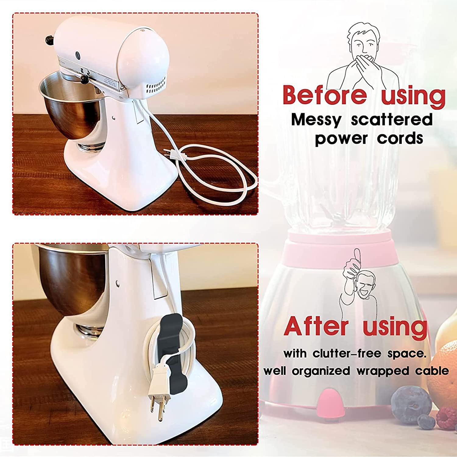 6 Pack Cord Organizer for Kitchen Appliances, MOIHSING Cord Wrapper Mixer Tidy Wrap,Cord Holder,Cord Bundles,Cable Clips,Tidy Cable&Wire Storage Management for Mixer Accessories,2 Black+2 White+2 Grey image number 1