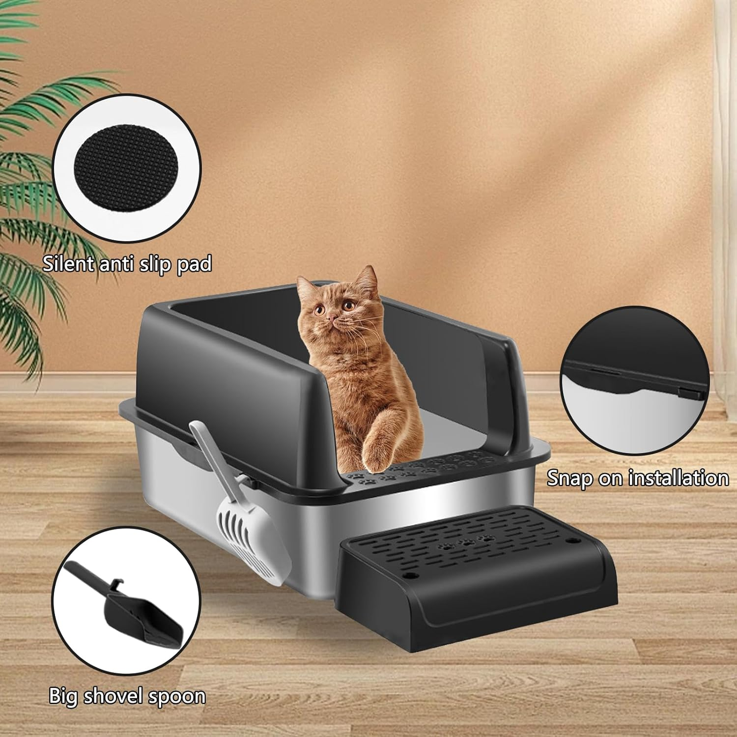 Menbyci Stainless Steel Cat Litter Box with Lid Footboard,Metal Extra Large Litter Box Self Cleaning,High Side Enclosure Cat Litter Tray for Big Kitty,Cat Scooper for Litter Boxes,24X16X12In (Black) image number 6