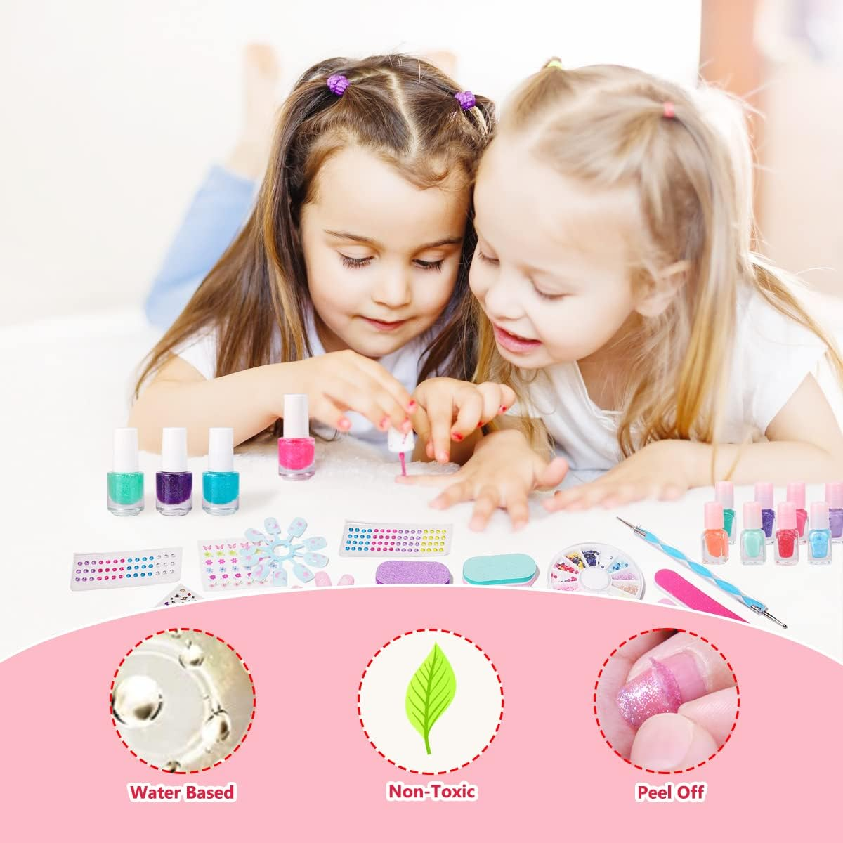 Nail Art Kit with Non-Toxic Nail Polish for Girls, 34Pcs Kids Nail Design Tool Set with Peel-Off Nail Polishes, Dotting Pen, False Nail, DIY Sticker, Nail File and More, Nail Decoration Gift for Girls Age 6-15 image number 5