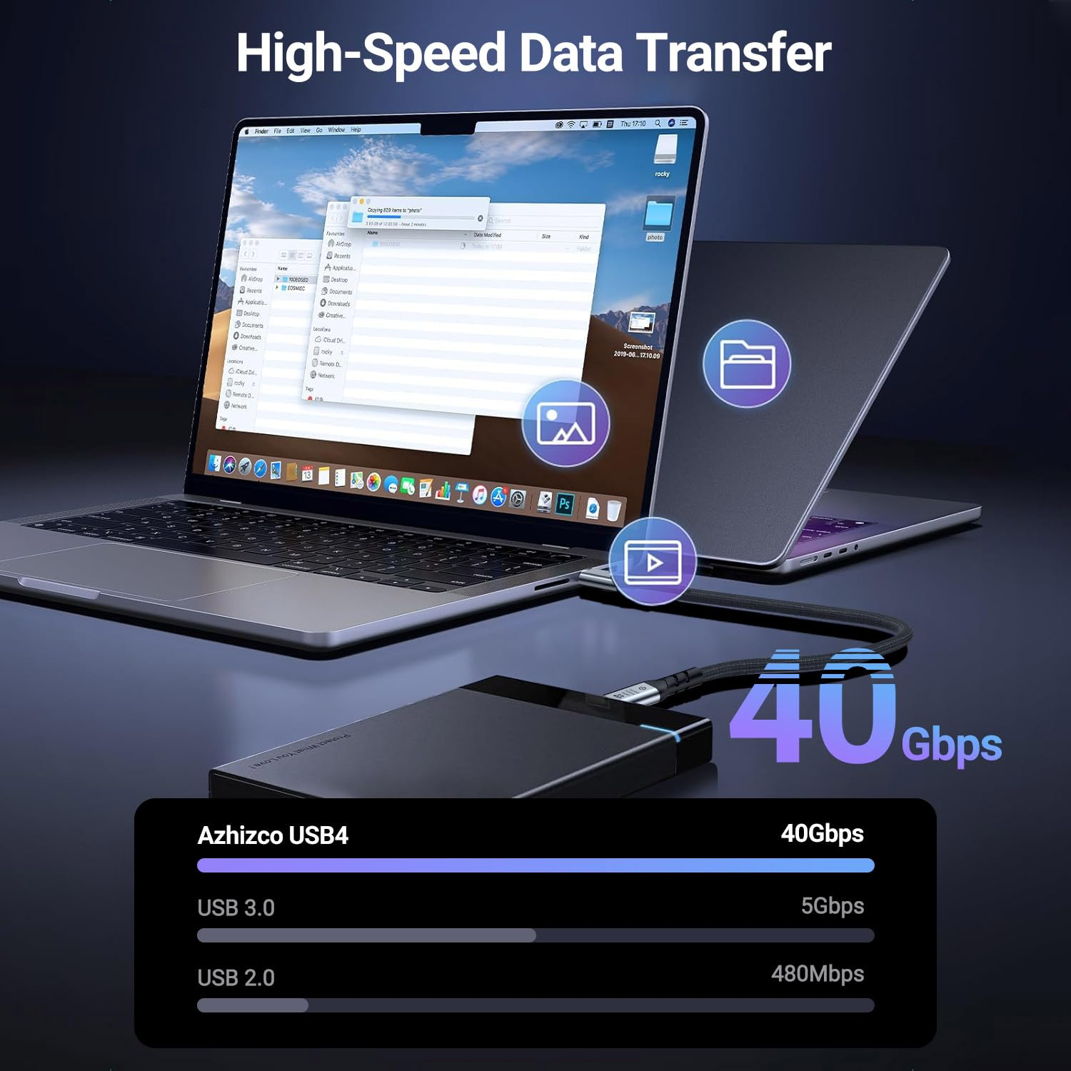 Azhizco USB 4 Cable for Thunderbolt 4 Cable 0.3M, 240W Fast Charging 40Gbps Data Sync, 8K/ 5K 60Hz Display Cable, Short USB C Cable Thunderbolt Cable for SSD Docking Hub Macbook Ipad Iphone 17 Pro Max - Usb C To C 240W Grey image number 4