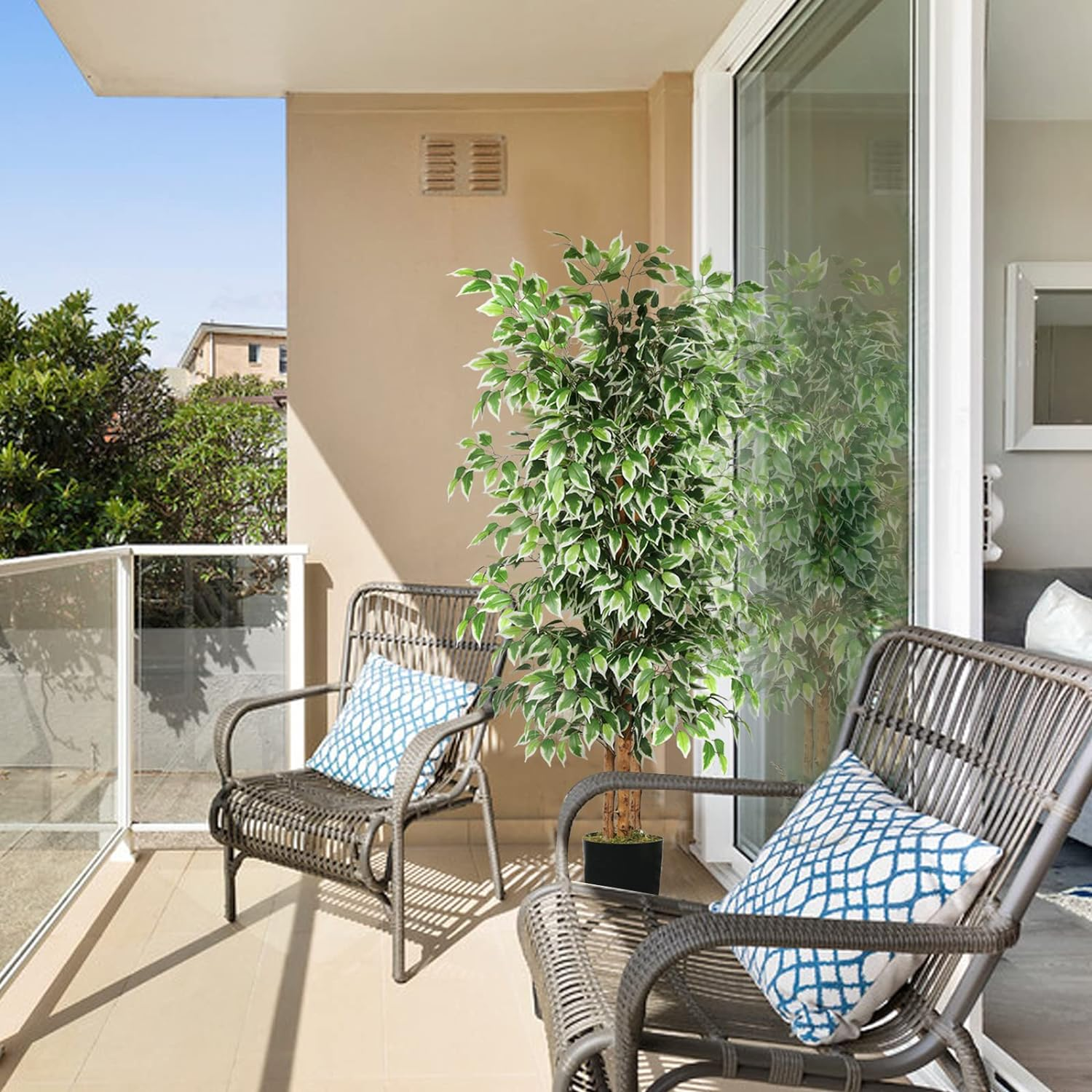 GTIDEA 6Ft Artificial Tree Ficus, Tall Faux Trees Indoor with Natural Trunk and Fake Silk Tree Fake Plants for Home Spring Decor Living Room Outdoor Balcony House Office (Included Dried Moss) image number 2