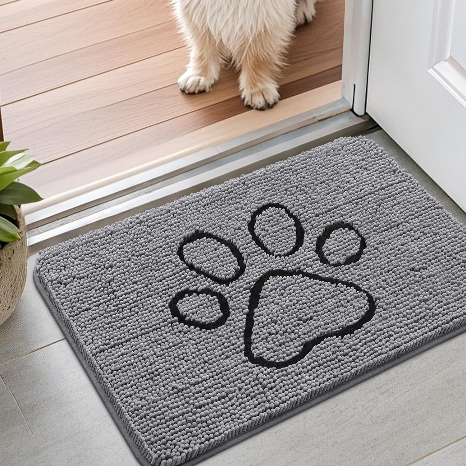 Smiry Dog Door Mat for Muddy Paws, Absorbent Dirt Trapper Non Slip Quick Dry Washable Chenille Mat for Mud Dogs, Entry Rug for Indoor and Outdoor (24X16 Inches, Grey) image number 1