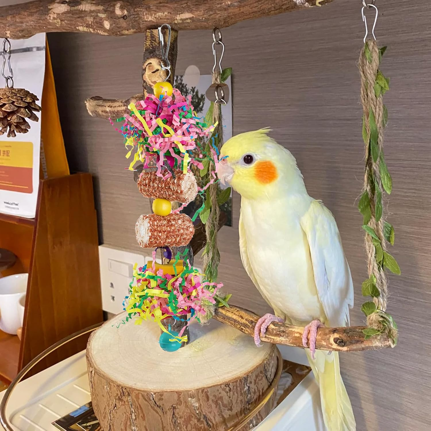 Widenlise 2 Pcs Bird Toys, Bird Shredding Toys, Parrot Chewing Toys, Cockatiel Toys, Include Natural Corn Cob Bells, Hanging Foraging Shredder Toy for Parakeets Budgies, Conures, Finches, A - A image number 4
