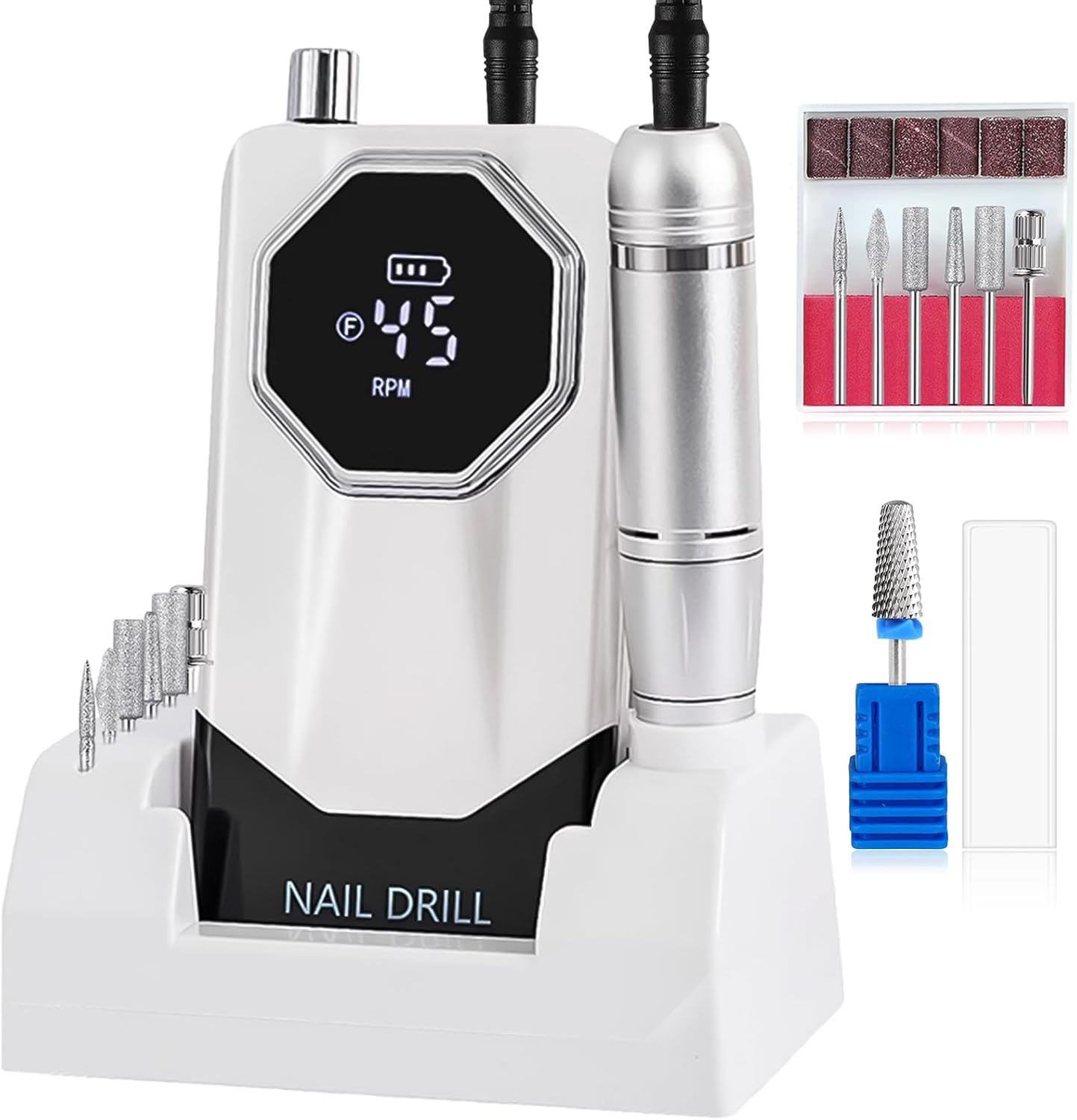 45000RPM Professional Cordless Nail Drill Electric Machine Portable Low Noise Nail Filer Electric with Efile Bits & Base for Acrylic Nails, Nail Buffer Machine for Salon Home image number 4