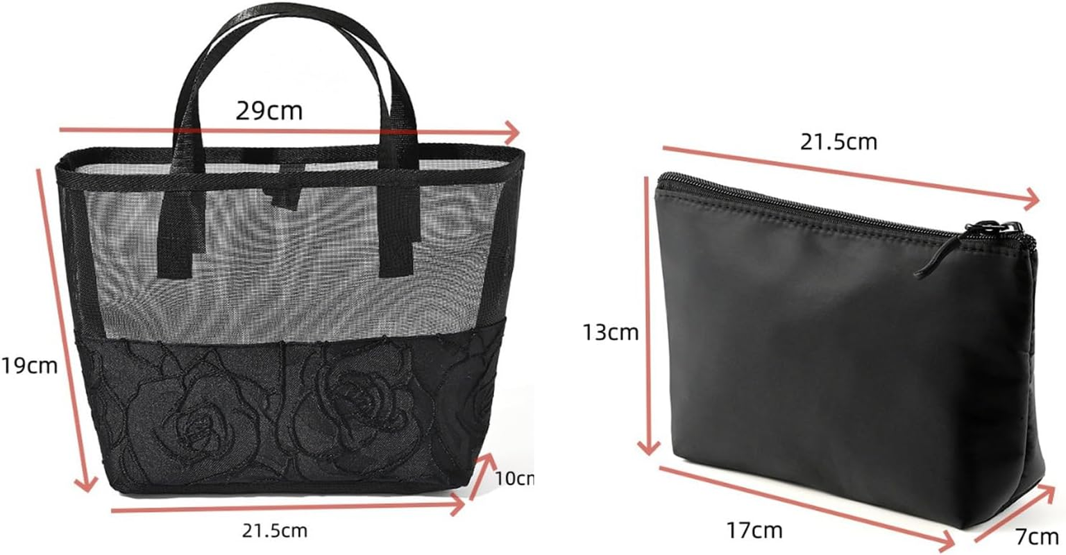 2 Pack Rose Pattern Mesh Makeup Bags, Thickened Transparent Toiletry Organizer Set, Portable Cosmetic Pouch for Women, Waterproof Travel Essentials Kit with Zipper Closure for Vacation & Travel image number 3