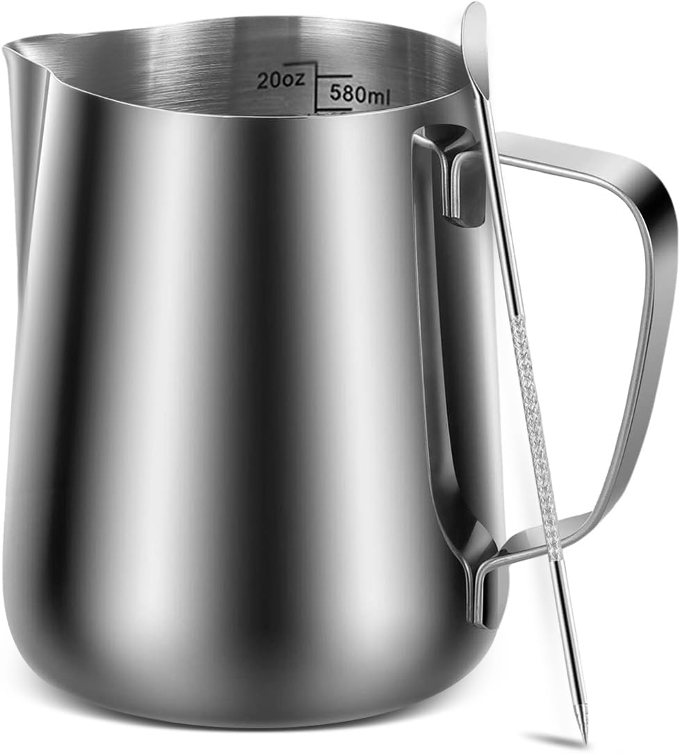 Metal Milk Frothing Jug 20Oz/600Ml Milk Frothing Pitcher with Decorating Art Pen Stainless Steel Steaming Measurements inside for Espresso Machine Coffee Foam Making Cappuccino Latte image number 1