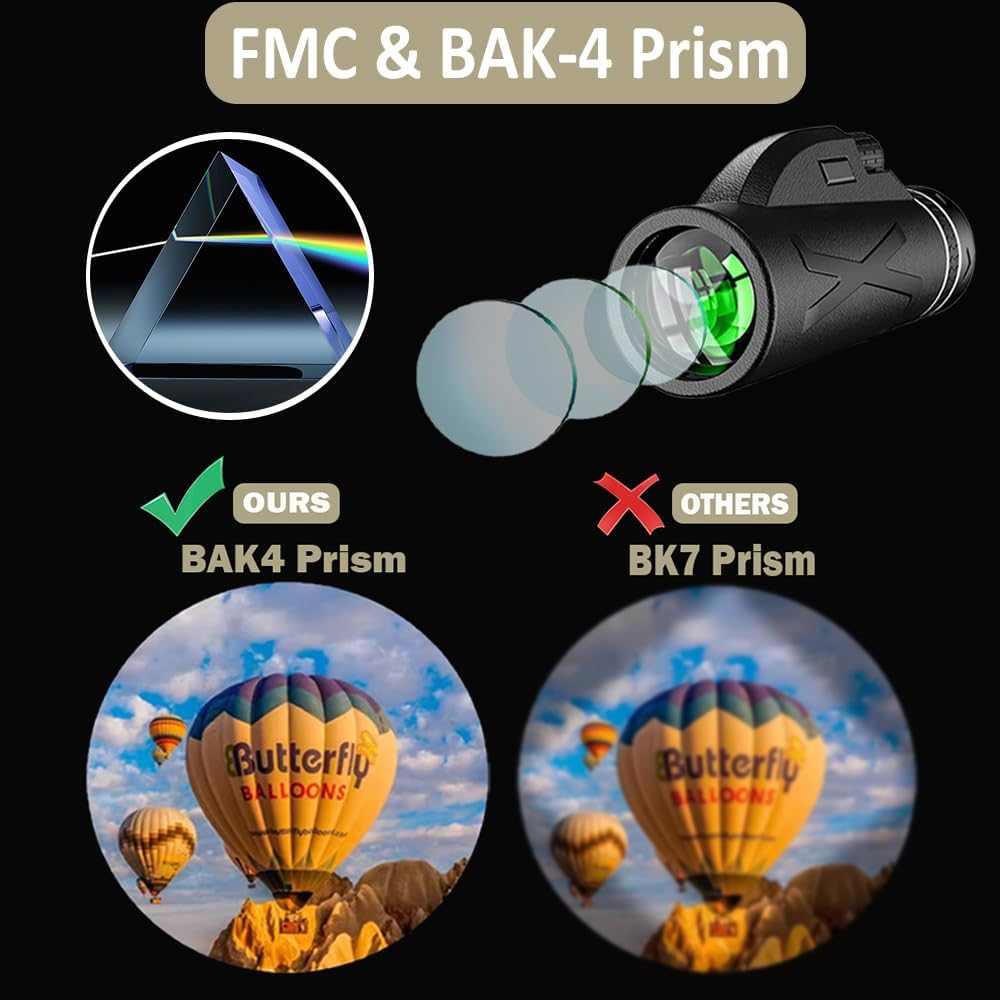 Zoom Monocular 12 X 40 Telescope for Adults - Compact HD Monocular with BAK4 Prism FMC Lens - High Performance Telescope with Phone Holder Tripod for Bird Watching Travel Hunting Hiking image number 2