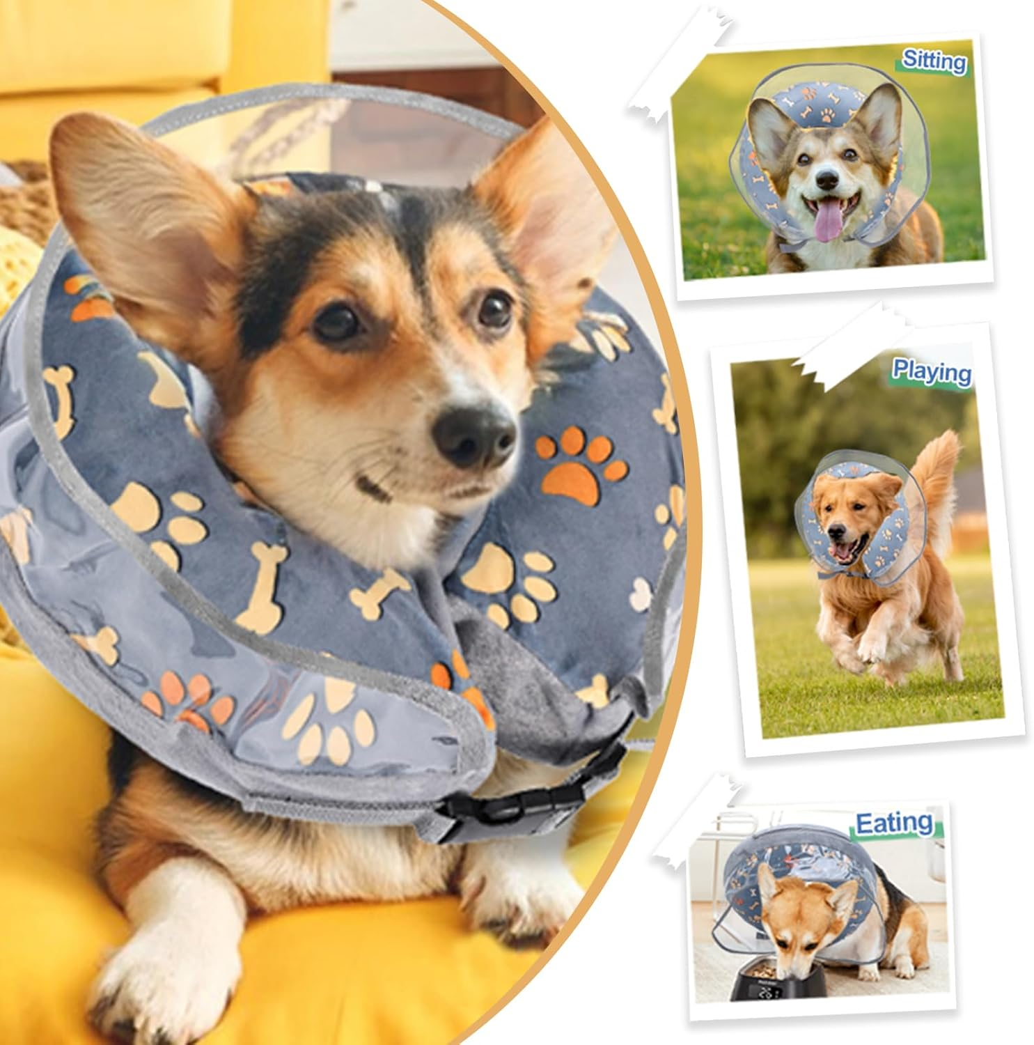 Inflatable Dog Cone Collar - Soft & Comfortable Collar for Small/Medium Dogs, Adjustable Donut Collar to Prevent Licking Wounds & Stitches, Cute Pattern Pet Surgery Protection (Grey, S) image number 5