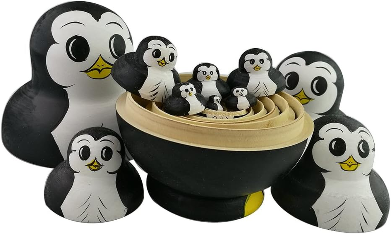 Winterworm Cute Lovely Mini Animal Nesting Dolls Matryoshka Doll Russian Doll Set 10 Pieces Wooden Handmade Kids Toy Gift Home Decoration Perfect (Penguin). image number 4