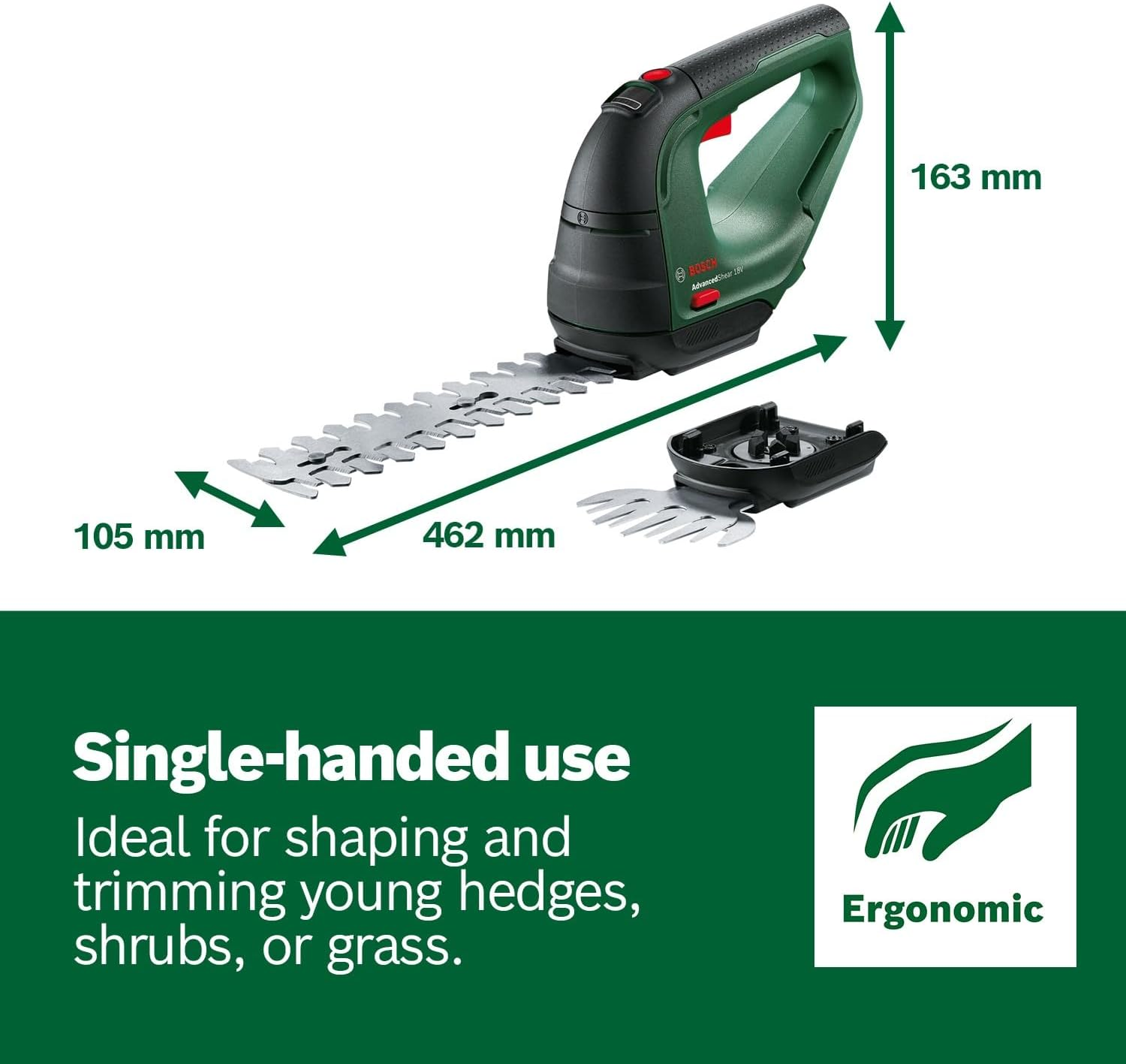 Bosch Home & Garden 18V Cordless Shrub & Grass Shear Kit without Battery, 1 X Grass Blade, 1 X Shrub Blade, Cuts up to 85 M&sup2; per Battery Charge (Advancedshear 18V-10). Made in Europe image number 6