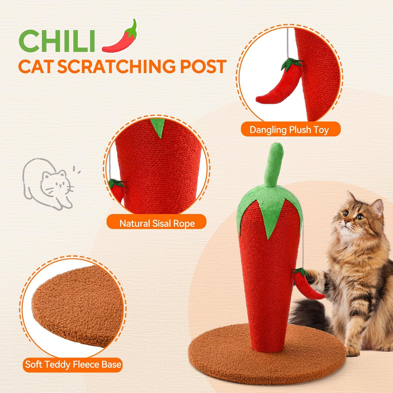 LIFLIX Chill Cat Scratching Post, Cute Sisal Cat Scratcher with Dangling Toy, Scratching Post for Indoor Cats and Kittens