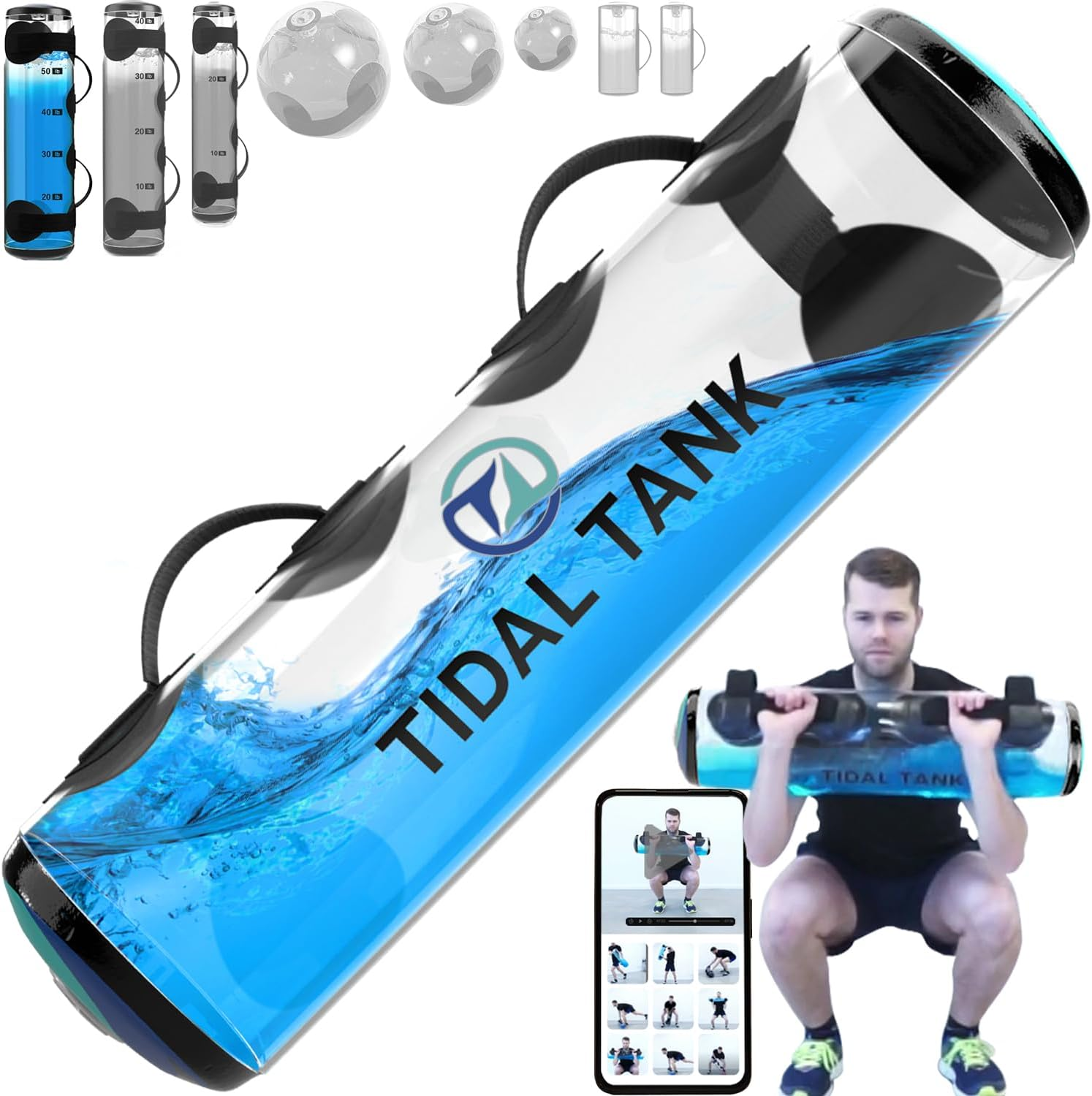 Tidal Tank - Sand Bag Alternative 45 Lbs - Adjustable Aqua Bag and Power Bag with Water - Core and Balance Aquabag - Portable Stability Fitness Equipment - Including Online Training Center