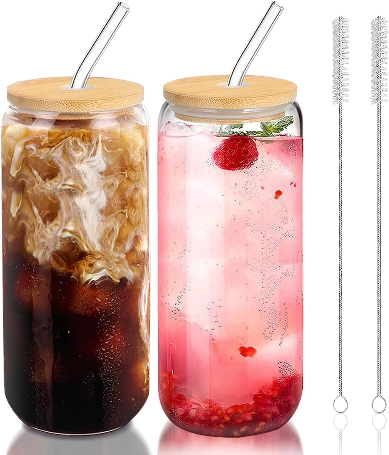 20 Oz Drinking Glasses with Bamboo Lids and Straws 2 Pack, Glass Coffee Cups,Glass Tumbler for Smoothie,Cocktail,Whiskey,Soda,Matcha-2 Glasses Straw 2 Brush image number 6