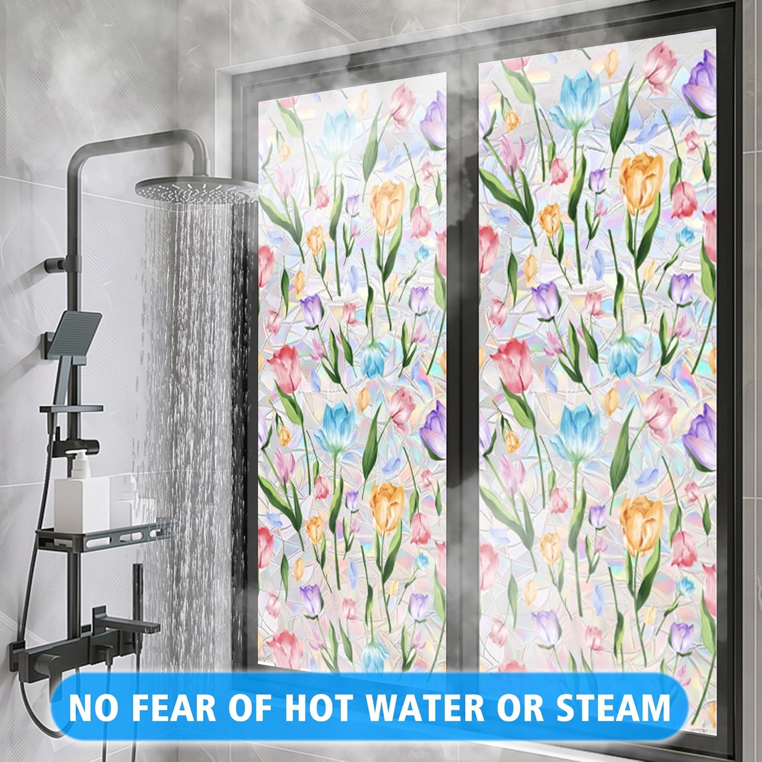 Stained Glass Window Film, Floral Privacy Film for Glass Windows, Decorative Window Cling Film, Non Adhesive Window Coverings Film for Bathroom Home Office (15.7 X 39.3 In) image number 1