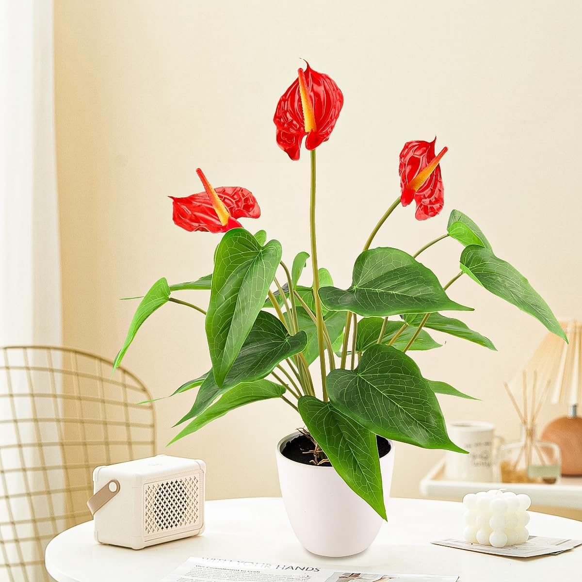 Folmywy Artificial Flower Plants Anthurium 38Cm Fake Potted Plant with Pot Red Faux Bonsai Tropical Flowers for Home Living Room Bedroom Office Indoor Outdoor Occasions Decor image number 2