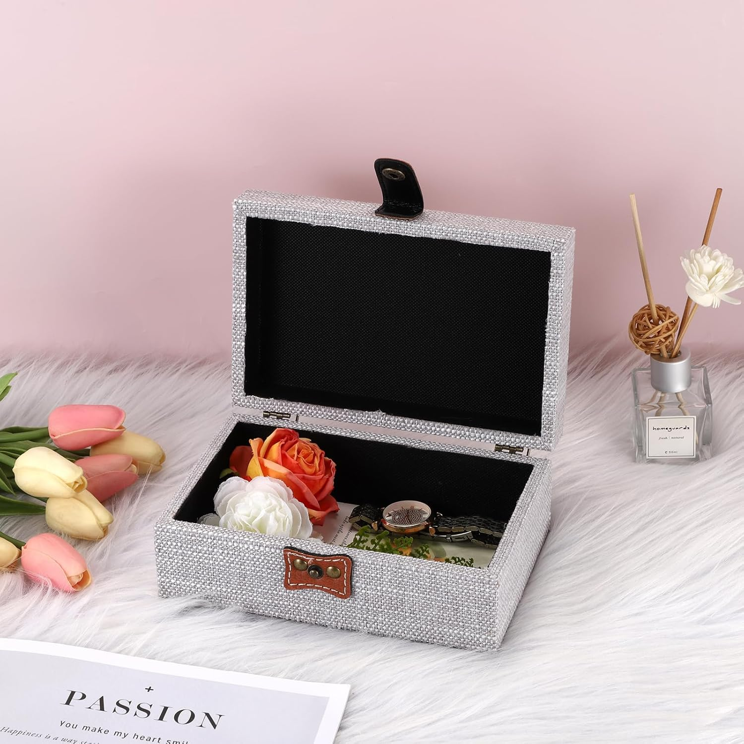 Hipiwe Wooden Decorative Box with Clasp Linen Covered Rectangular Keepsake Box Photos Storage Organizer image number 6