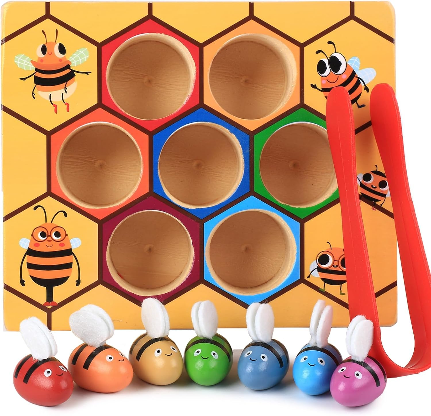 YUNCHY Toddler Fine Motor Skill Toy, Bee to Hive Matching Game, Montessori Wooden Color Sorting Matching Toy, Preschool Educational Learning Toys Toddler 2 3 Years Old