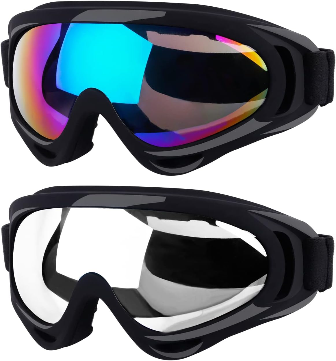 Elimoons Ski Goggles 2 Pack, UV Protection Snow Goggles for Men Women Kids Youth Adult, Anti-Fog, Wind, Dust, UV Protection, Anti-Glare, Ventilation, Non-Slip Design, Elastic Helmet Strap, Black image number 1