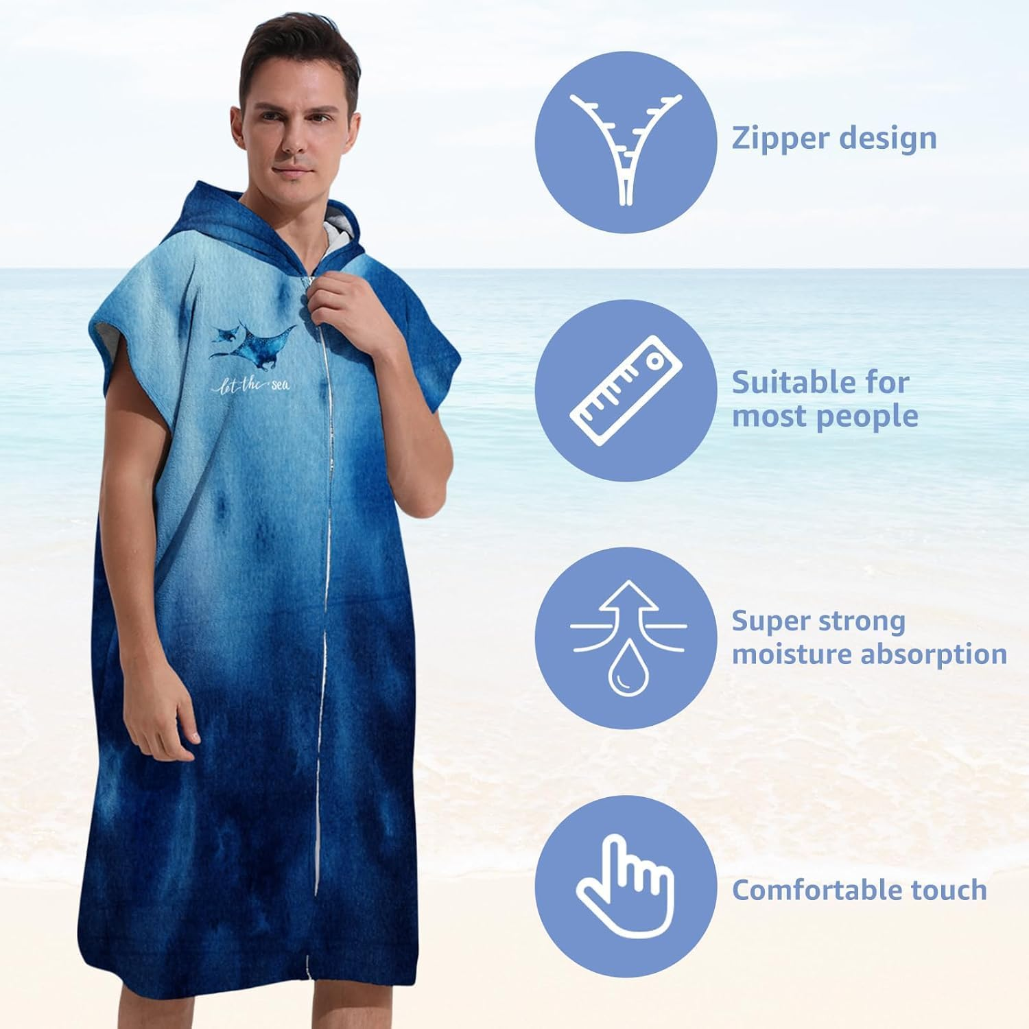 Soft Microfiber Surf Poncho Changing Towel Swim Robe Terry Cloth Swim Cover up with Hood and Zipper Quick Dry for Women Men Towel Poncho Hoodie image number 3