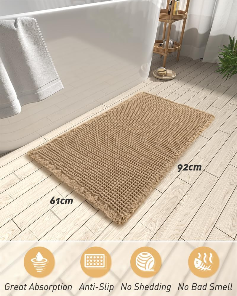 Upgraded Waffle Bath Mat 61X92 Super Absorbent Non Slip Comfortable Carpet for Tub, Shower Room, Machine Wash Dry with Tassels, Rubber Backed Bathroom Mats, Ultra Soft Brown image number 4
