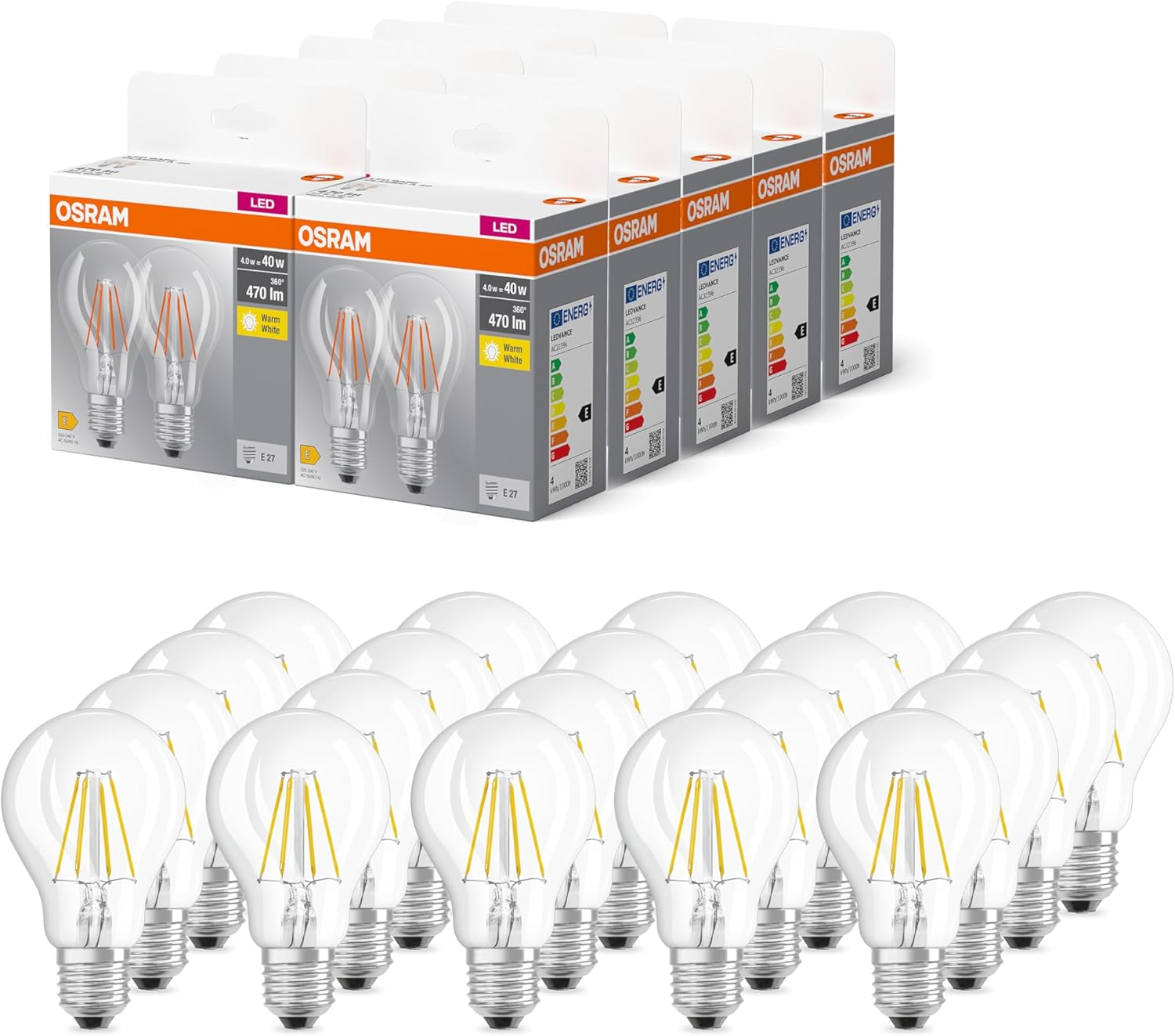 OSRAM Base Classic a FIL 40 LED Bulb with E27 Socket, Classic Bulb, Double Pack, 4 W, 470 Lm, 2700 K, Warm White Light, Low Heat Generation, Long Life, Low Energy Consumption image number 3