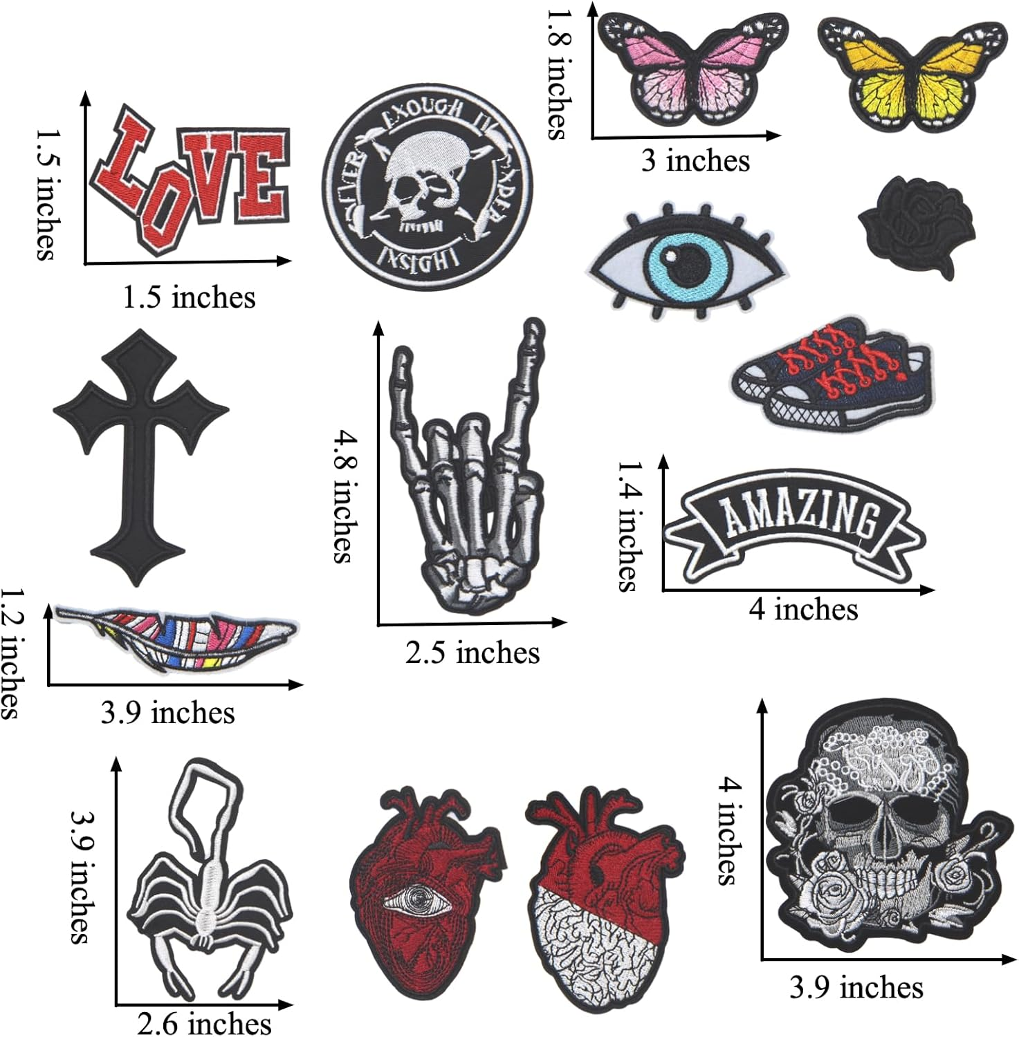 15PCS Punk Skull Iron on Patches, Scary Bone Finger Eyes Hearts Embroidered Repair Patches for Clothes, Cross Butterfly Applique for Hats, Jeans, Jackets, Bags, Backpacks, Dress, Shoes image number 3