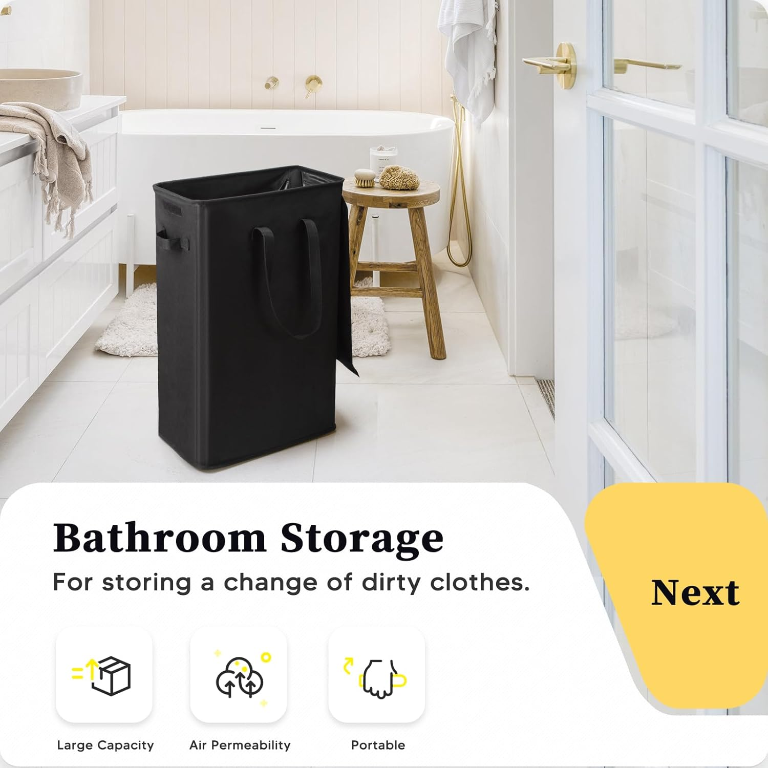 Slim Laundry Hamper with Lid 55L Thin Dirty Clothes Basket with Long Handle, Narrow Laundry Bag, Foldable Dirty Hamper, Narrow Dirty Clothes Hamper for Closet and Bathroom, Black