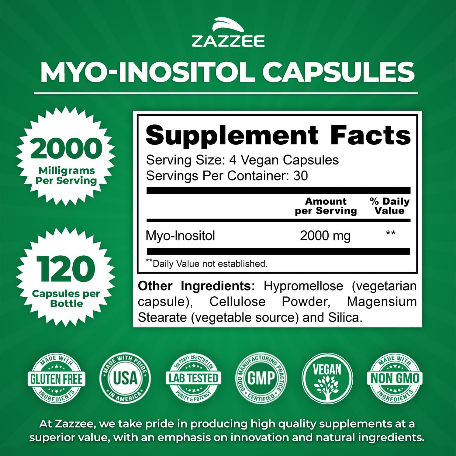 Zazzee Myo-Inositol Capsules, 2000 Mg per Serving, 120 Vegan Capsules, Ideal Dosage for 40:1 Ratio, 100% Vegetarian, Hormone Balance & Healthy Ovarian Function Support, All-Natural and Non-Gmo image number 5