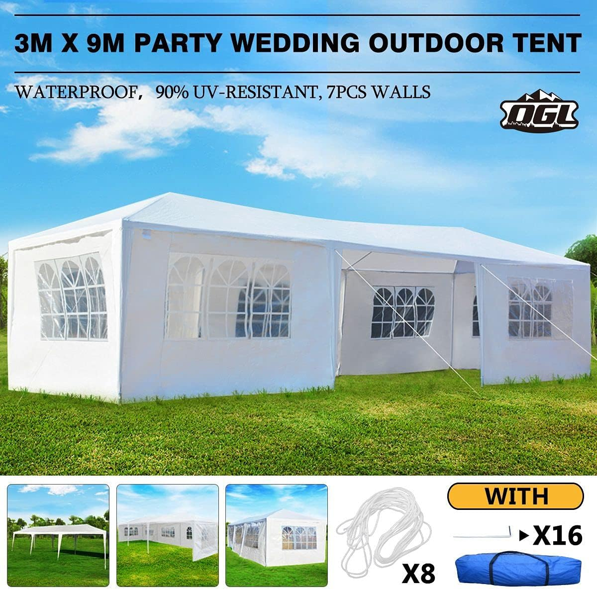 OGL 3X9M Outdoor Gazebo Canopy Camping Party Wedding Tent Garden Waterproof Marquee W/7 Removable Walls image number 5