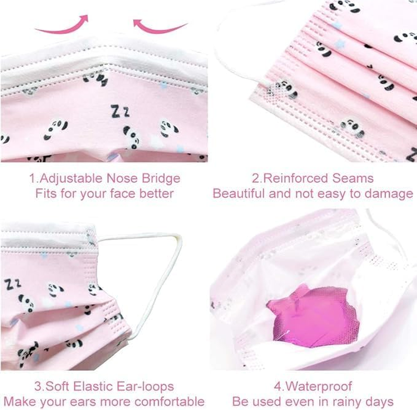 Kids Disposable Face Masks, 50 Pack, 3-Ply Pink Panda Design, Soft Earloops, Children'S Size image number 4