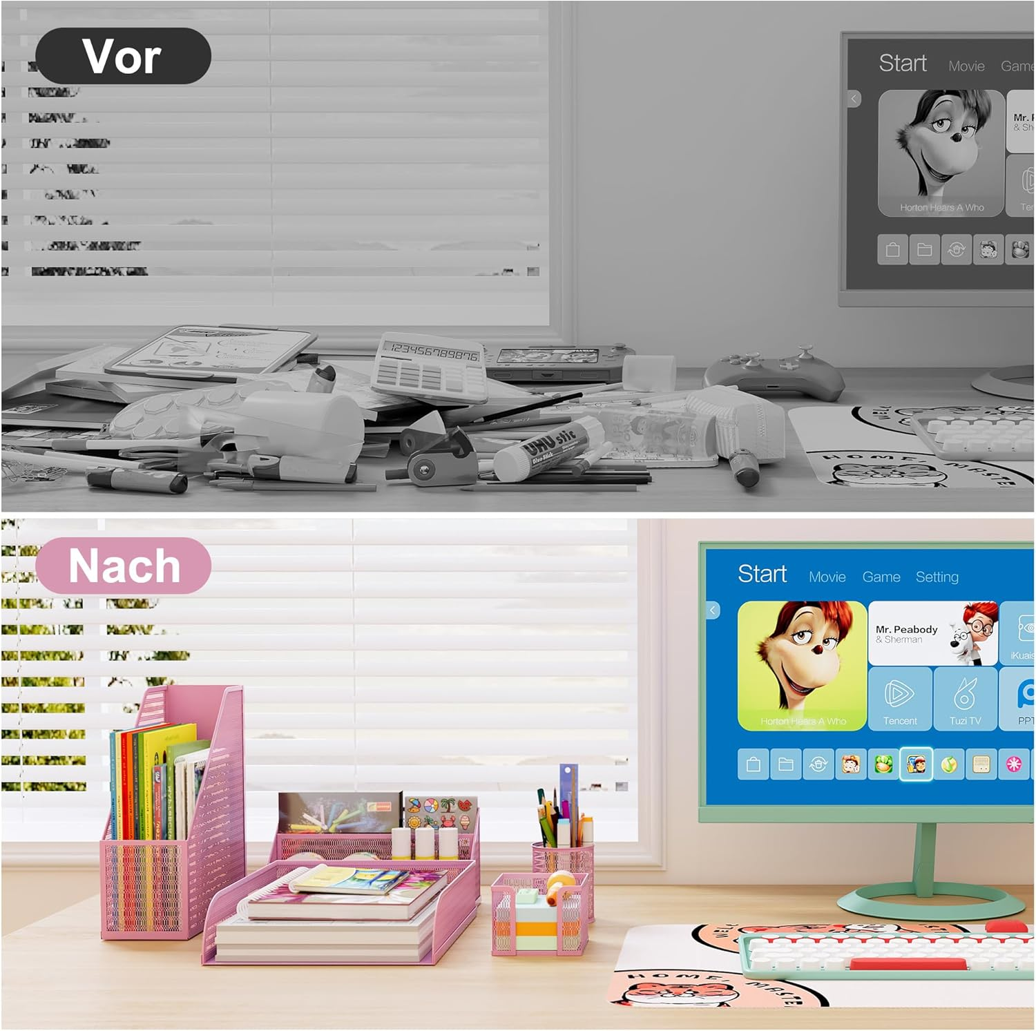 Solinxe Desk Organiser Set Made of Metal - Document Tray A4 Paper Letter Tray Pen Holder Letter Holder and Sticky Note Holder, Pink image number 1