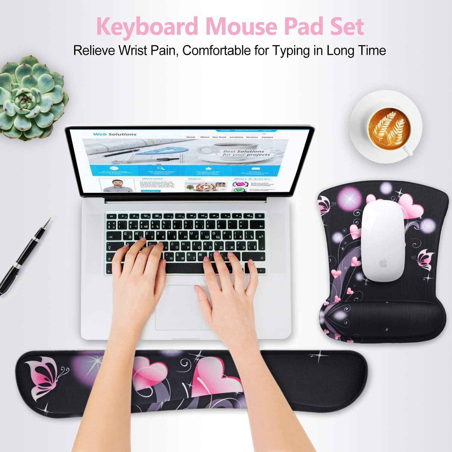 Keyboard Wrist Rest Pad Ergonomic Mouse Pad Set, Tolulu Cute Mouse Pad for Computer Laptop, Non Slip Mousepad Keyboard Wrist Support with Raised Memory Foam for Easy Typing & Pain Relief, Pink Hearts image number 6