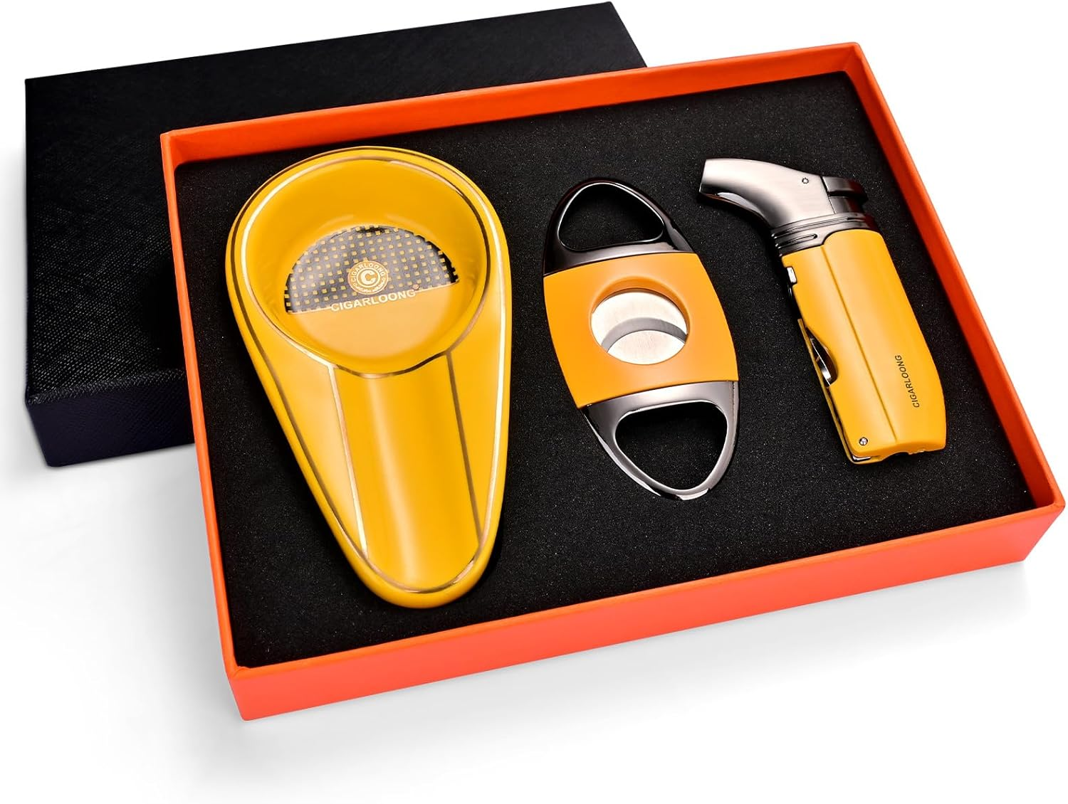CIGARLOONG Cigar Cutter and Lighter Ashtray Set Sharp Blade Cigar Guillotine and Torch Flames Refillable Windproof Lighter with Cigars Punch&Needle Ceramics Ashtray with Gift Box(Yellow) image number 1