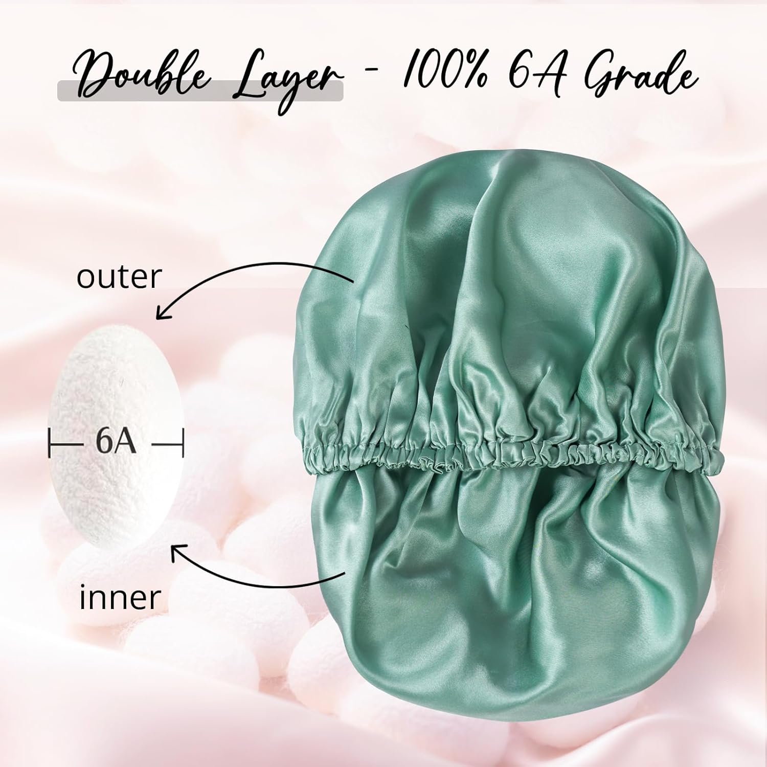 WIGI 100% Mulberry Silk Bonnet with Scrunchie Gift for Women, Silk Bonnet for Sleeping, Shower Cap Hair Bonnet, Silk Hair Wrap for Hair Care (100% Mulberry Silk (Round Design), Green) image number 5