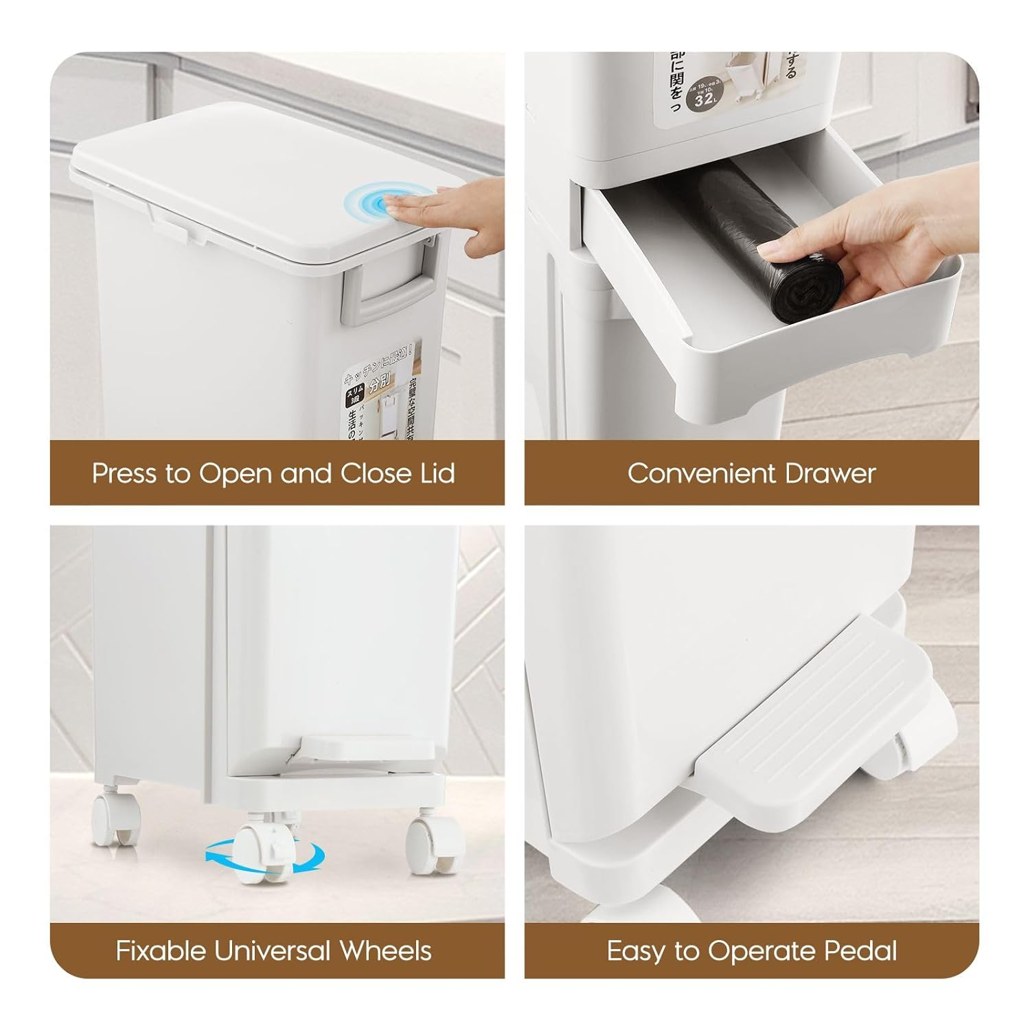 32L Trash Bin with Wheels Foot Pedal Rubbish Bin Recycle 3 Tiers Garbage Kitchen Waste Bin with Remove Inner Bucket Office Indoor - White -32L Recycle image number 6