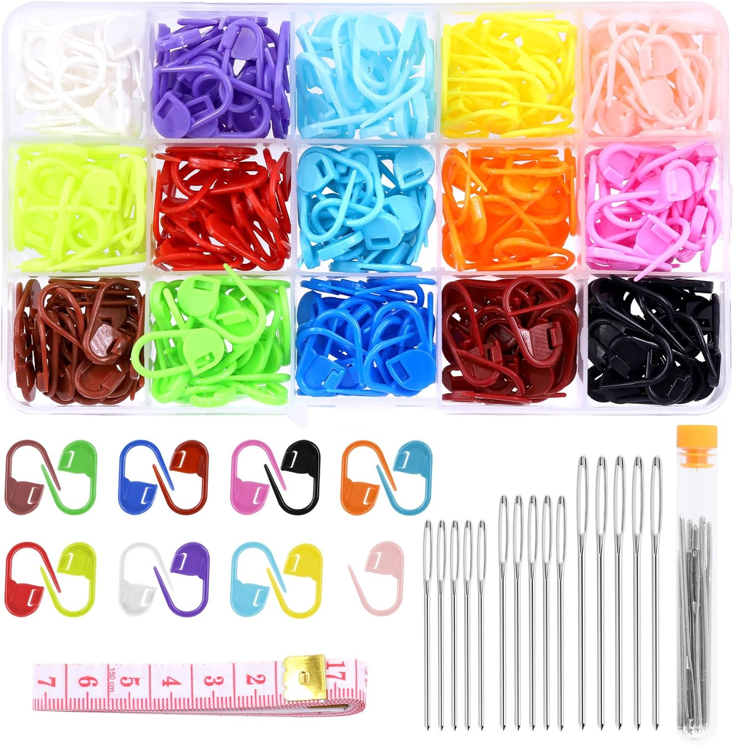 Rustark 316Pcs Colorful Stitch Markers and Big Eye Blunt Sewing Needles Assortment Kit with Soft Tape Measure, Locking Stitch Markers Set for Pattern Marking Yarn Knitting Crocheting DIY Projects image number 4