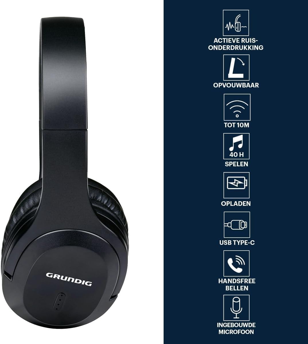 Grundig Bluetooth Over-Ear Headphones - Wireless with 10M Range, 40 Hours Playtime, Noise Cancelling, Includes 3.5Mm Audio Cable and USB-C Charging Cable - Black image number 4
