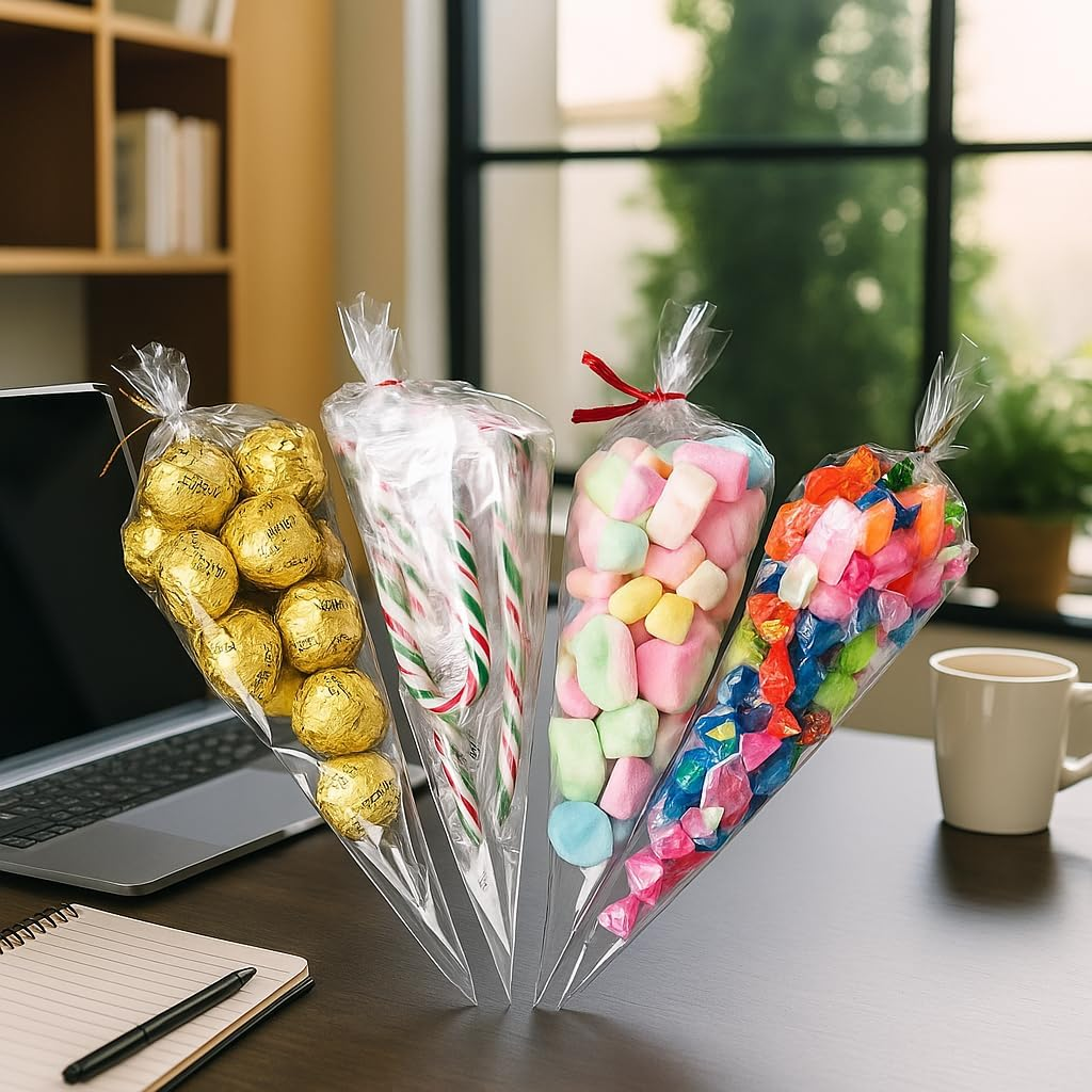Ozchillon 100 Pieces 18X37Cm Clear Cone Shaped Treat Bags Cellophane Triangle Candy Bags for Lollies Popcorn Handmade Cookies Candy Crafts (Golden Ties, 18X37Cm)