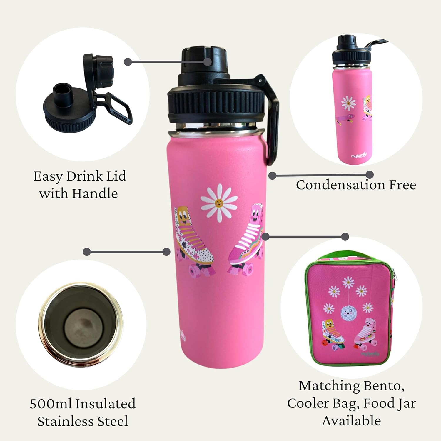 Kids Insulated Stainless Steel Water Bottle - 500Ml Double-Wall, Condensation-Free, Eco-Friendly by My Family (Pink Skate) - Pink Skate image number 4