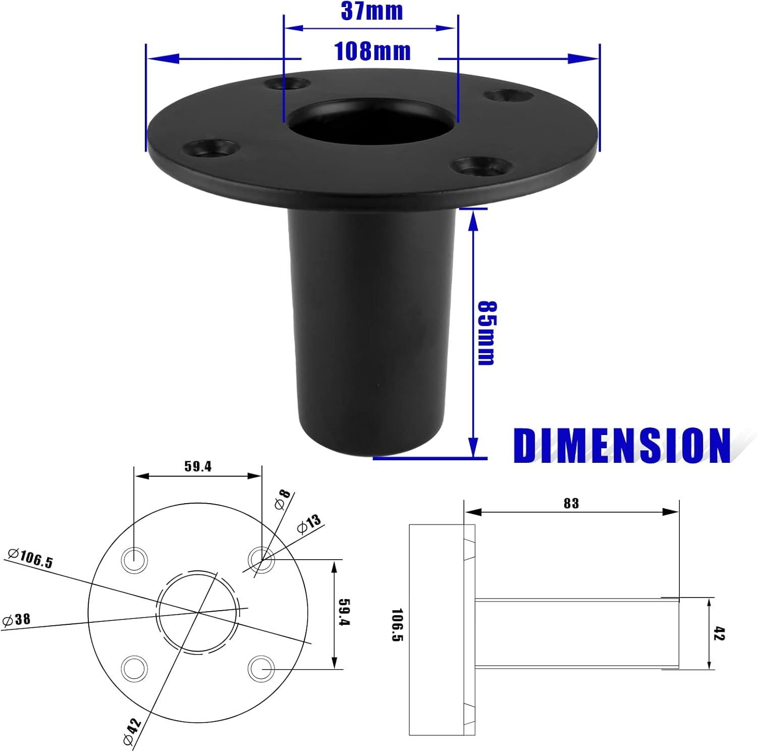 Waziaqoc 2PCS Speaker Pole Mount, Speaker Stand Top Hat Speaker Cabinet Pole Mount, 4.19" X 2.95", Black image number 4
